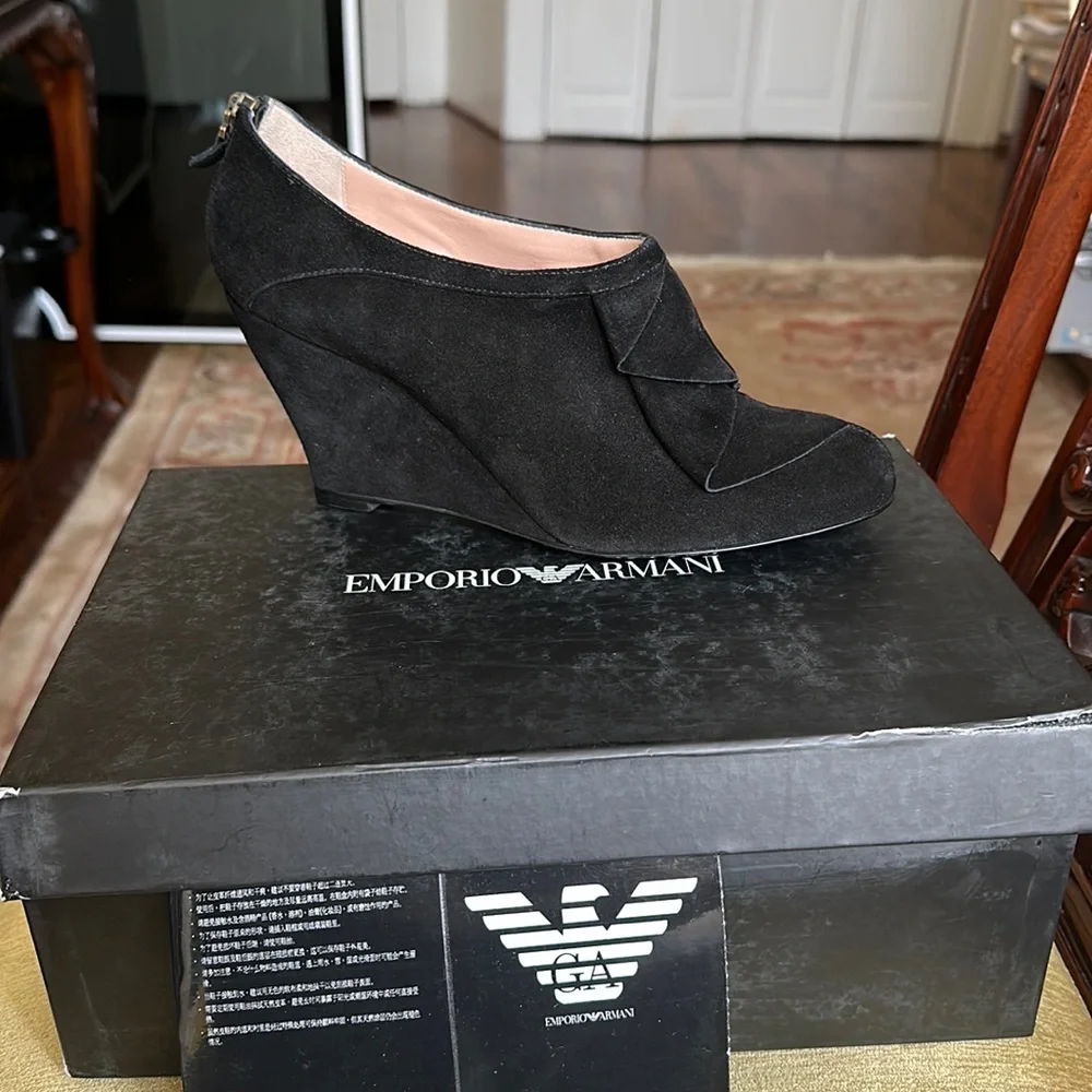 Emporio Armani Black Suede Wedge Booties with Ruffle and Back Zip EUR 40 US 9.5